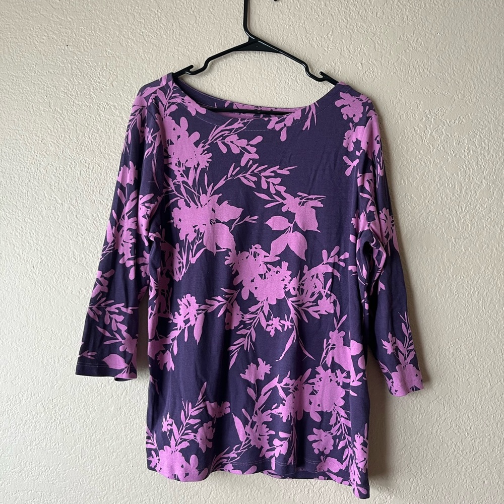 Chicos Enchanted Shadow 3/4 Sleeve Boat-Neck Tee 3 Pink Purple 100% Cotton